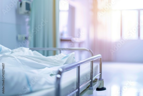 Hospital bed in emergency room blurred background. Abstract blurred medical clinic interior. by AI generated image