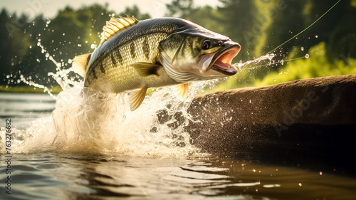 Smallmouth bass jumps out of water catching the fishing lure. Big smallmouth Bass perch fishing on a river or lake at the weekend. Fishing concept. 
 photo