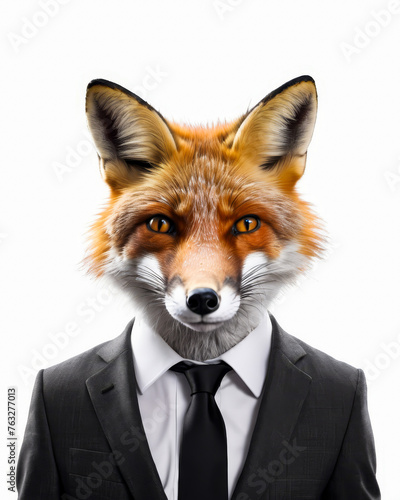 Man in suit with tie and large orange and black fox head.