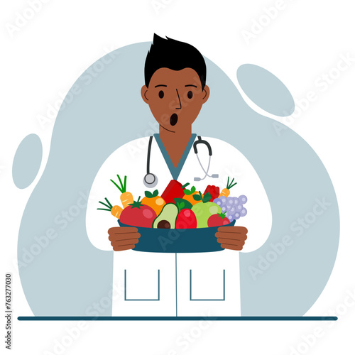 Nutritionist doctor with a bowl of fruits and vegetables. Dietitian