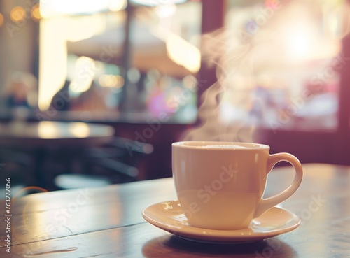 A steaming cup of coffee on a table in a cafe with a blurred background of people  focused on a white mug and steam  stock photo with space for text.