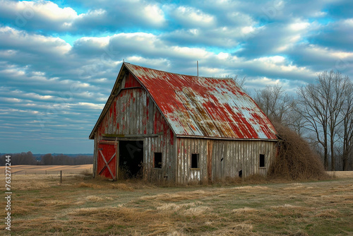 Red and white barn with rusted roof sits on field under cloudy sky.