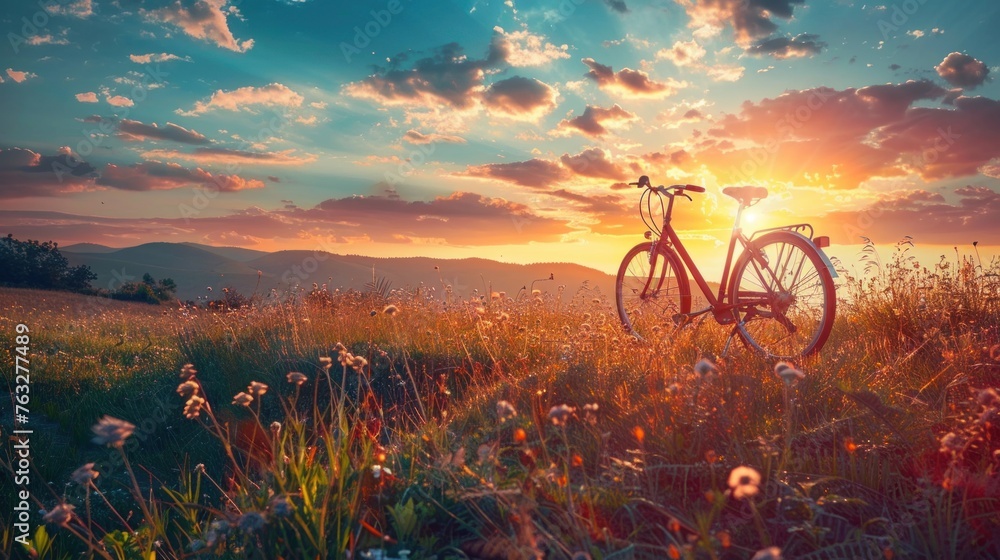 Naklejka premium Bicycle in the sunset in the mountains