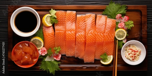 Salmon sashimi served with funchosa, lemon and soy sauce on wooden table, top view
