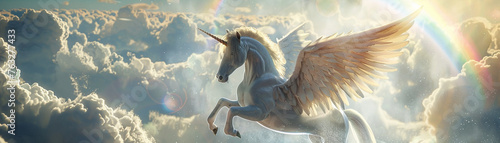 Design a realistic yet fantastical 3D model of a winged horse soaring through the clouds with a rainbow arching overhead