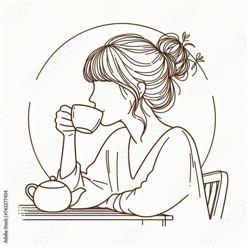 a girl drinking tea, minimal design, outline with solid fill color, background white vector illustration line art