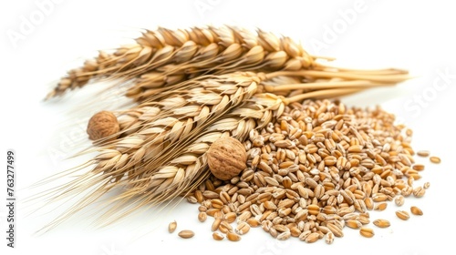 Portrait of wheat ears isolated on white background. Concept of food supply, carbs and nutrients. Generative AI photo