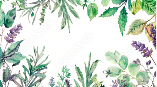 A detailed frame watercolor painting showcasing vibrant green leaves and delicate purple flowers. The leaves are lush and varying shades of green, while the flowers. Banner. Copy space © stateronz