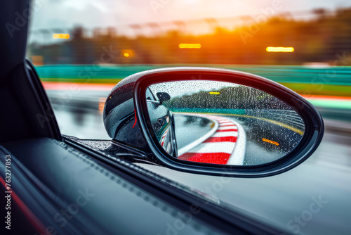Car's side view mirror captures racing track with rain drops on it as the sun shines through.
