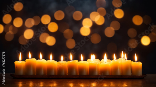 Group of lit candles on table with blurred background lights creating warm and festive atmosphere.