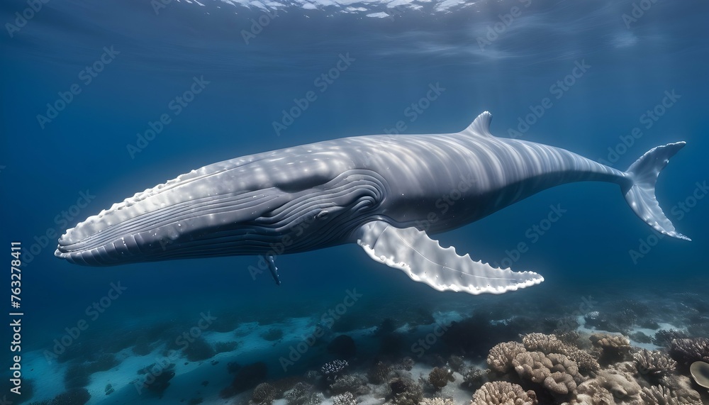 A Blue Whale Swimming Past A Coral Bleaching Site Upscaled 5 - obrazy, fototapety, plakaty 