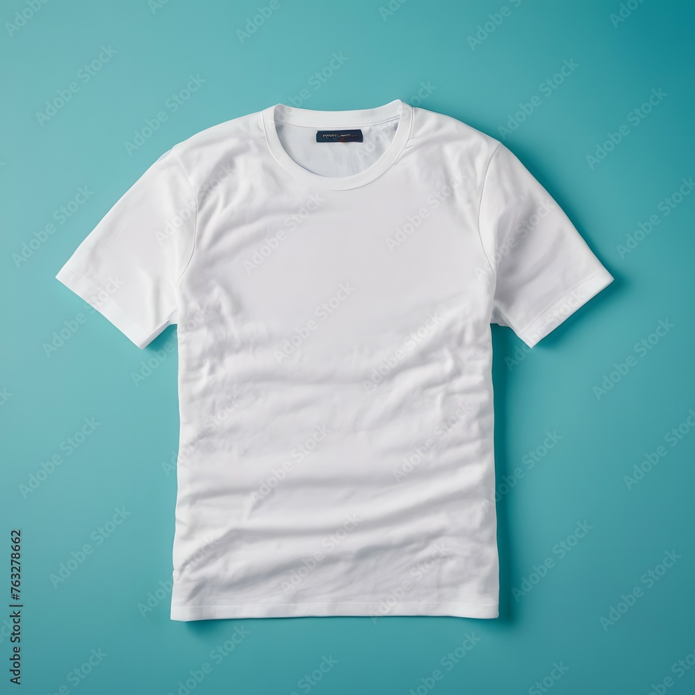White t-shirt mockup flat lay on an aquamarine background White t-shirt mockup flat lay on an aquamarine background