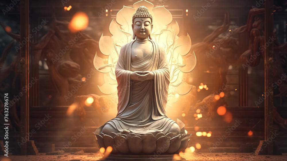 A serene Buddha statue in meditation, surrounded by a radiant backdrop with glowing lights, evoking a sense of peace and spirituality.
A serene Buddha statue in meditation, surrounded by a radiant backdrop with glowing lights, evoking a sense of peace and spirituality.