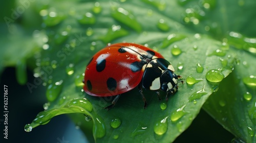 Close-up of red ladybug with copy space for text, macro photography of insect on green leaf © Georgi