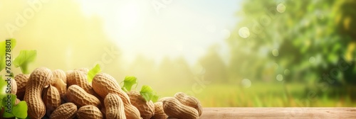 Organic peanuts heap on blurred background with copy space. Healthy snack banner