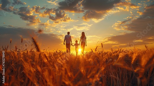 Nature's Joy: A Happy and Active Family Walking Together in a Field at Sunset, Embracing Health, Cheerfulness, and Freedom