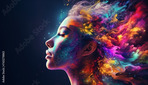 Abstract double exposure portrait of beautiful woman with colorful digital paint splash