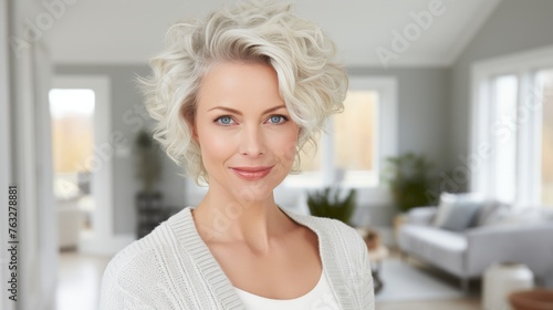 Cheerful woman smiling at camera in white living room background with copy space
