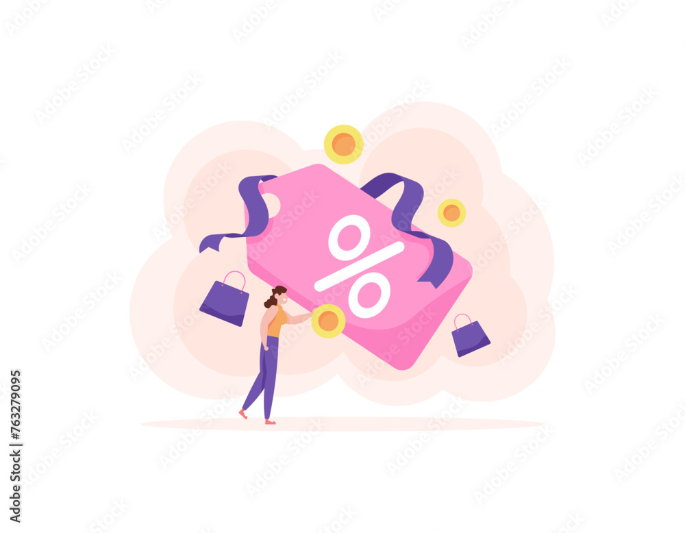 Fototapeta premium female buyers or customers get discount coupons or vouchers. price reduction to attract potential consumers. promotions and offers. special gift. flat style illustration concept design. graphic