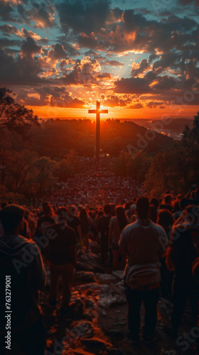 Christian cross, crowd and religion at sunset for praying, silhouette and spiritual social gathering, Background, people and crucifix symbol at sunrise for prayer, worship and religious community