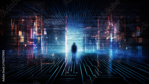 A lone silhouette stands before an immersive data stream in cyberspace, symbolizing the human element amidst digital transformation and information flow. 