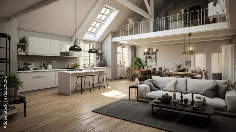 A large open living room with a kitchen and dining area. The kitchen has a countertop and a sink. The living room has a couch, a coffee table, and a potted plant A large open living room with a kitchen and dining area. The kitchen has a countertop and a sink. The living room has a couch, a coffee table, and a potted plant