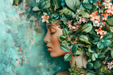 Surreal Portrait of Woman Embraced by Nature's Essence Amidst Ethereal Backdrop