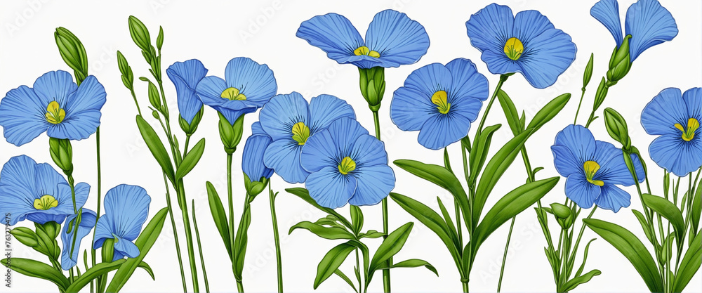 Set Flax flower isolated on white background, blue flower