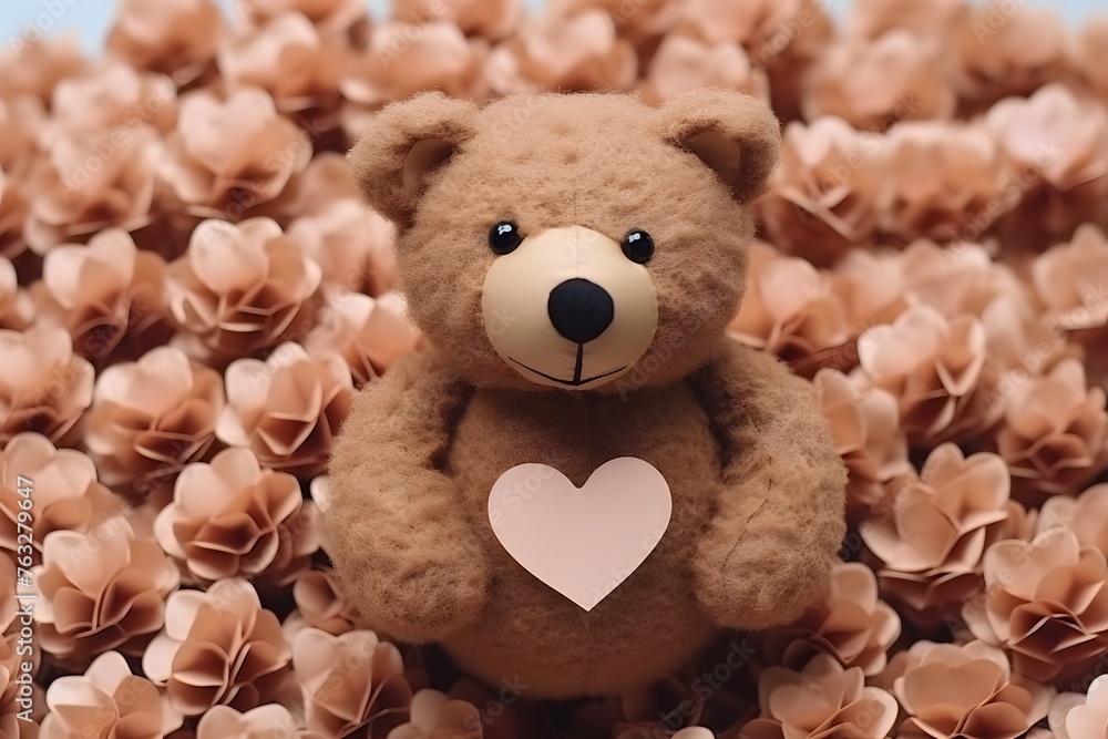 Teddy bear with pink heart Among the flowers.