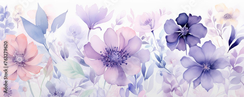 A watercolor painting featuring delicate purple flowers blooming against a crisp white background. The flowers are intricately detailed with shades of purple  hints of green leaves. Banner. Copy space