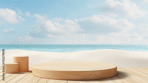Wooden platform podium with a beach in the background 