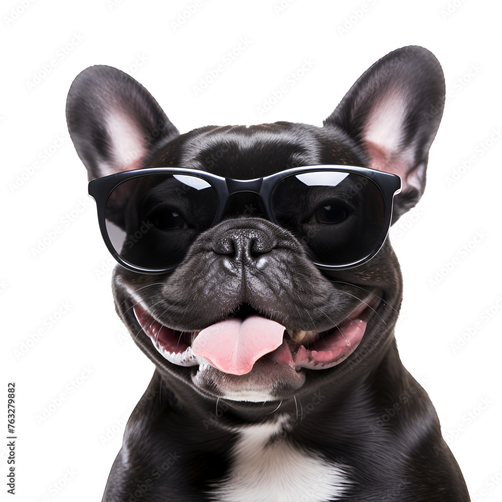 For summer, spring and beach, happy french bulldog dog with sunglasses, Isolated on Transparent Background, PNG