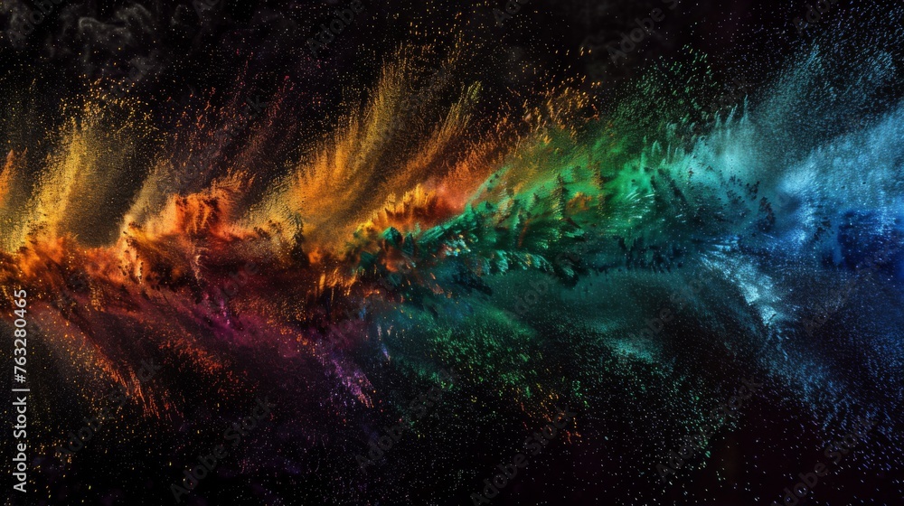 Explosion of rainbow colored Holi paint powder on a black background