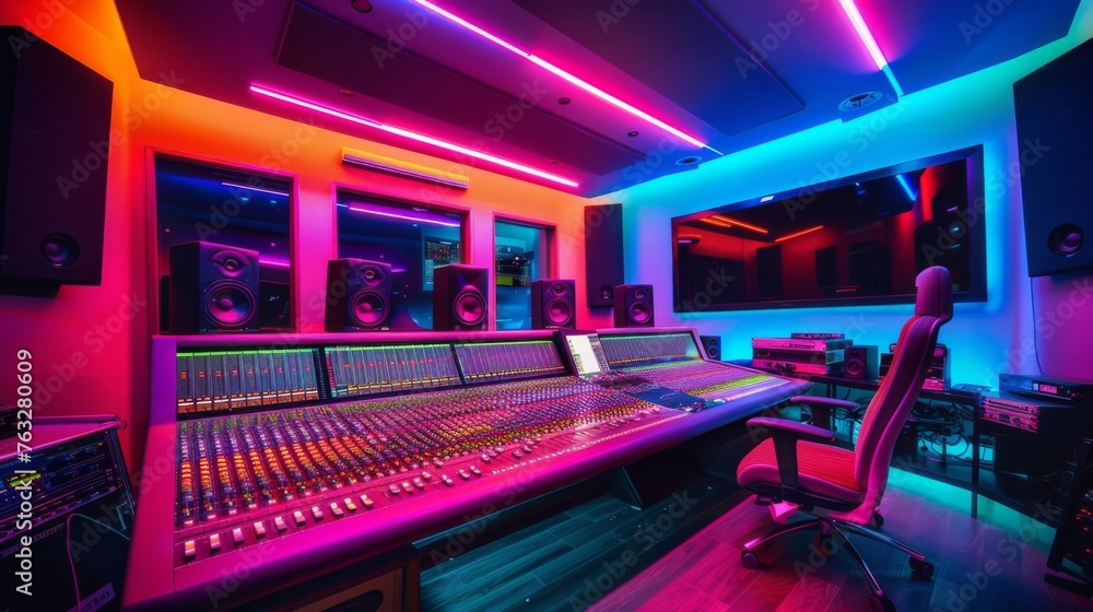 Modern mixing console in a recording studio with control panel illuminated in bright neon colors