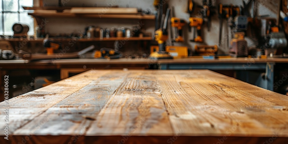 Wooden Table with Blurred Workshop Background Wooden Table with Blurred Workshop Background