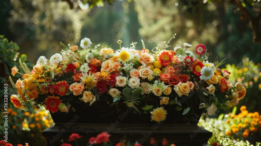 Coffin decorated with flowers placed in a cemetery during a funeral service Coffin decorated with flowers placed in a cemetery during a funeral service