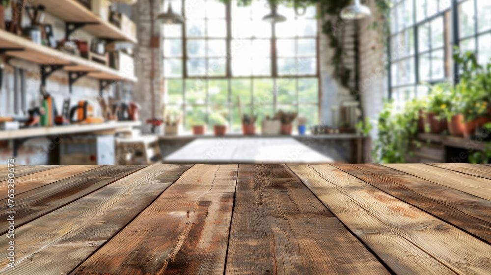 Wooden Table with Blurred Workshop Background Wooden Table with Blurred Workshop Background