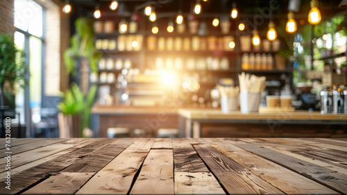 Wallpaper Mural Empty Wooden Table with Blurred Bokeh Coffee Shop Background Torontodigital.ca