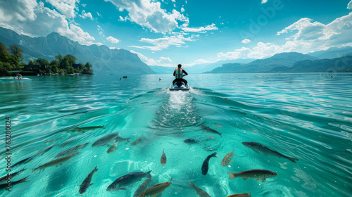 man rides a jet ski in the middle of a clear lake surrounded by fish photo