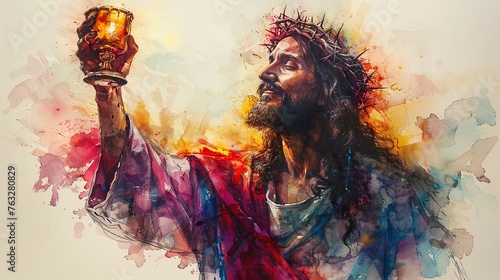 Jesus Christ is lifting the cup of holy communion photo