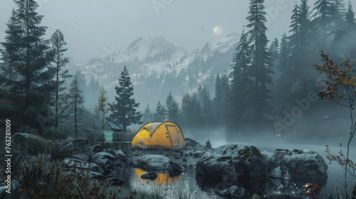 Camping in the mountains has thick fog and cold weather
