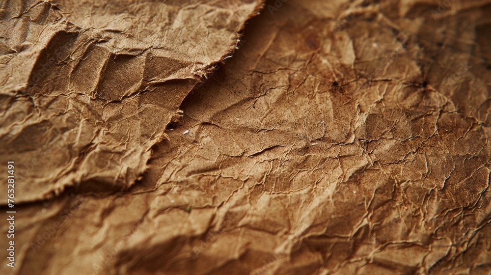 Crumpled piece of textured brown kraft paper Crumpled piece of textured brown kraft paper