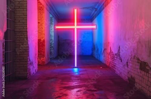 Neon cross in dim room