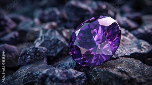 the dark purple gemstone jewelry cut with dark stone background. violet Ruby gemstone Round Cut on stone background, close up shot Dazzling diamond purple gemstones on black background