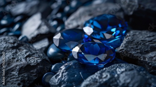 blue sapphire on black coal background. the dark blue gemstone jewelry cut with dark stone background.