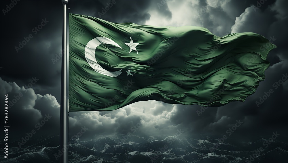  The Pakistani Flag Fluttering in the Wind Against the Sky - obrazy, fototapety, plakaty 