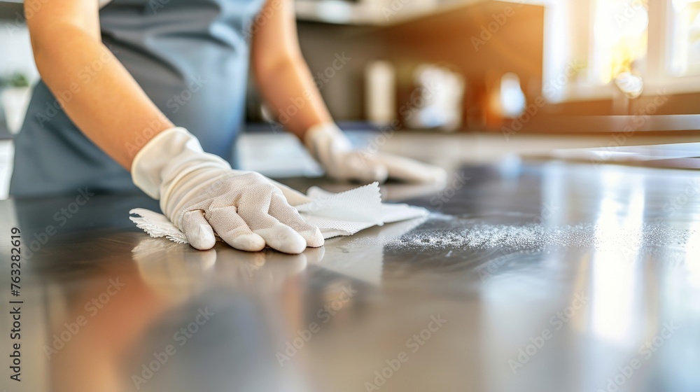 Woman Cleaning Countertop in Bright Kitchen - obrazy, fototapety, plakaty 
