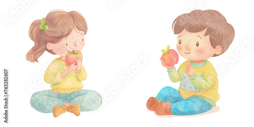 cute kid eating apple watercolour vector illustration