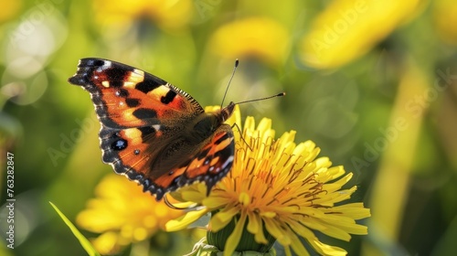 A Small tortoiseshell on a yellow dandelion under the sunlight in Villeneuve in Switzerland