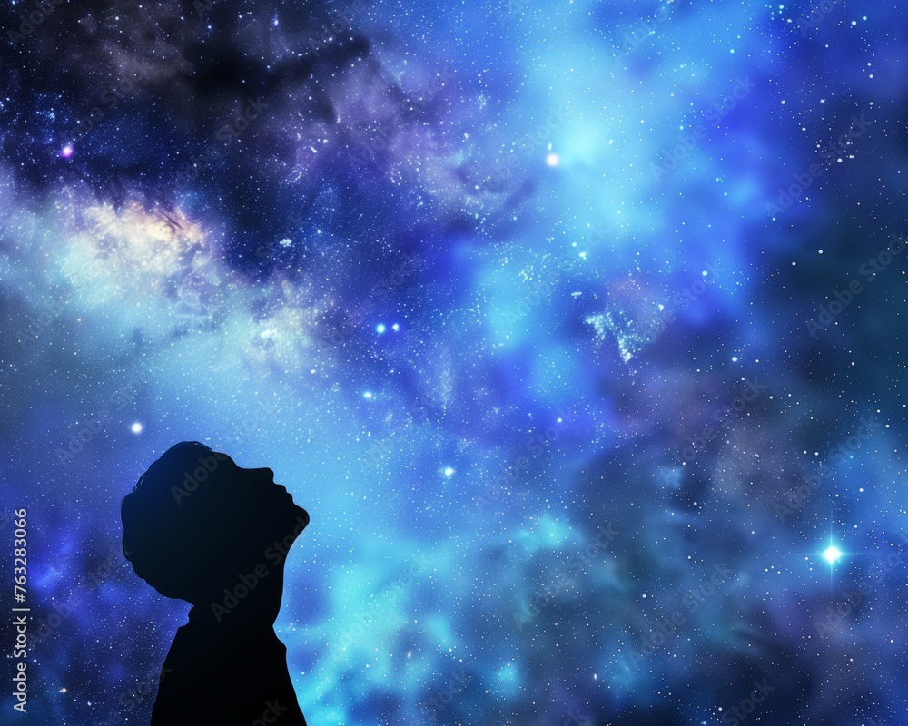 Obraz premium Silhouette of a person observing the galaxy, representing curiosity and wonder